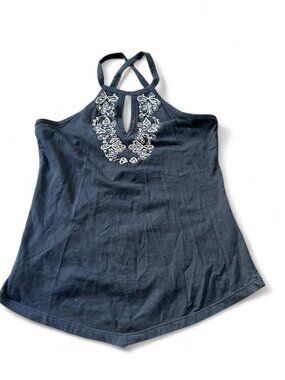 Vintage y2k Black halter top cross cross back with white embroidery and cut out